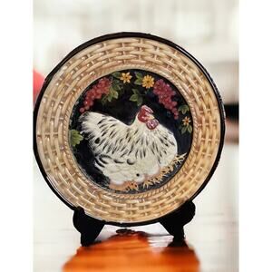 3D Hen with Basket Weaved Edge Platter, Oversized Plate Farmhouse Country Décor